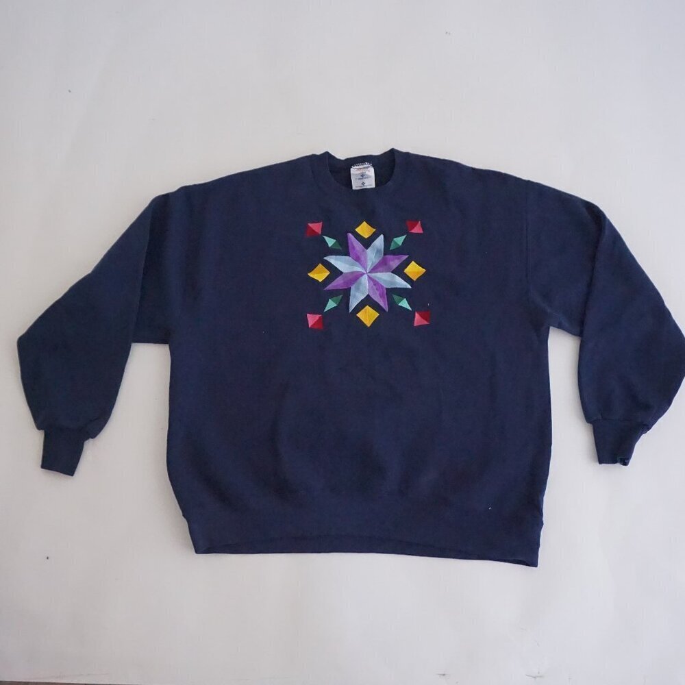 Vintage Jerzees Navy Geometric Star Quilt Embroidered Cotton Crew Sweatshirt XL